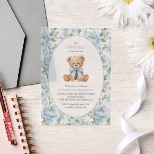 Teddybär, blaues Band, blaue Blumen, erster Geburt