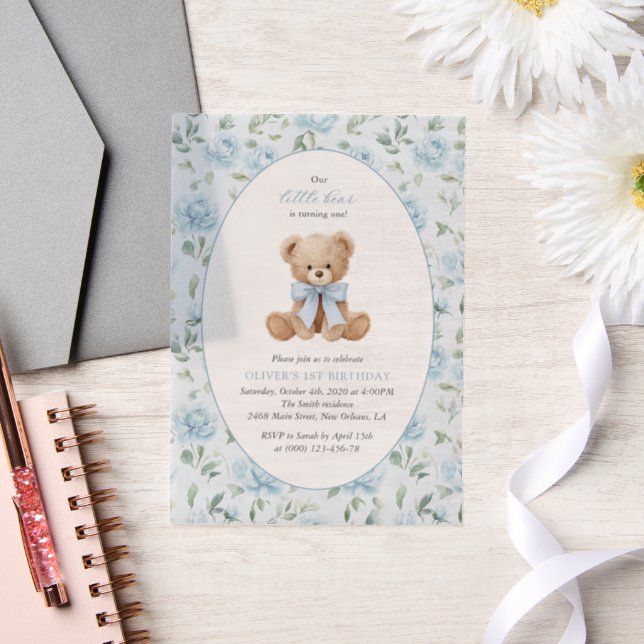 Teddybär, blaues Band, blaue Blumen, erster Geburt (Hochzeit)