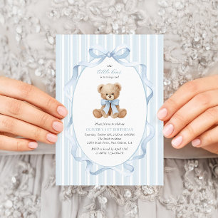 Teddybär, blaues Band, blaue Streifen, erster Gebu Einladung