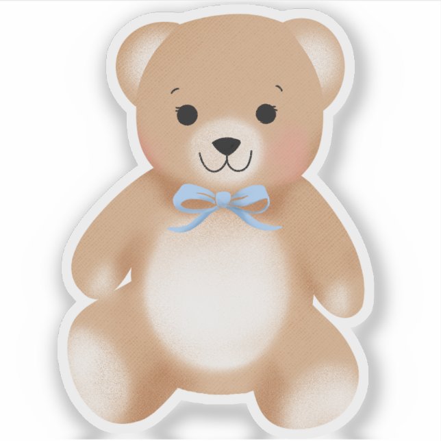 Teddybär-Bogen-Plüsch Blau Baby Shower Aufkleber (Vorderseite)