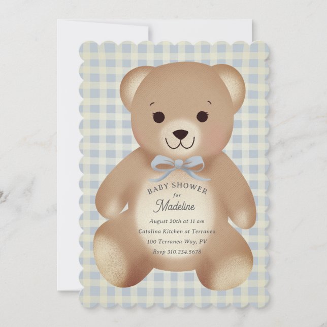 Teddybär-Bogen-Plüsch Gingham Antique Blau Einladung (Vorderseite)