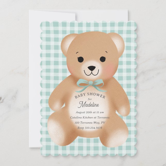 Teddybär-Bogen-Plüsch Gingham Salbeigrün Einladung (Vorderseite)