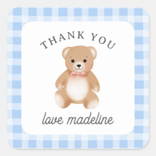 Teddybär-Bogen-Plüschtier Gingham Blau Rosa Baby Quadratischer Aufkleber