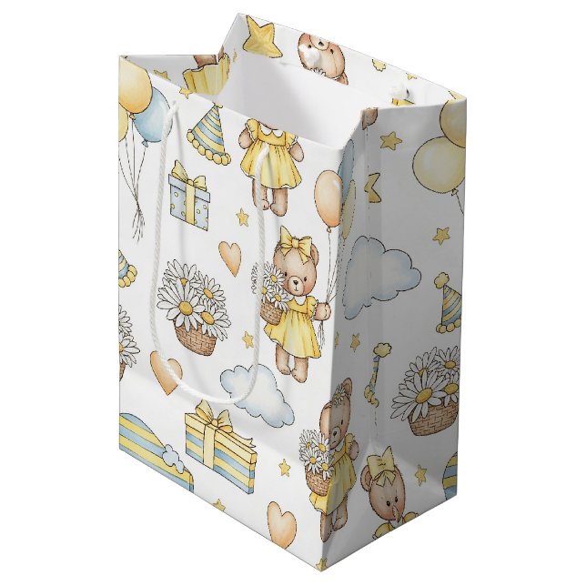 Teddybär-Daisy-Gartenmuster (14) Mittlere Geschenktüte (Vorderseite Schrägansicht)