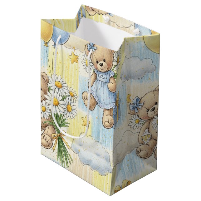 Teddybär-Daisy-Gartenmuster (2) Mittlere Geschenktüte (Vorderseite Schrägansicht)