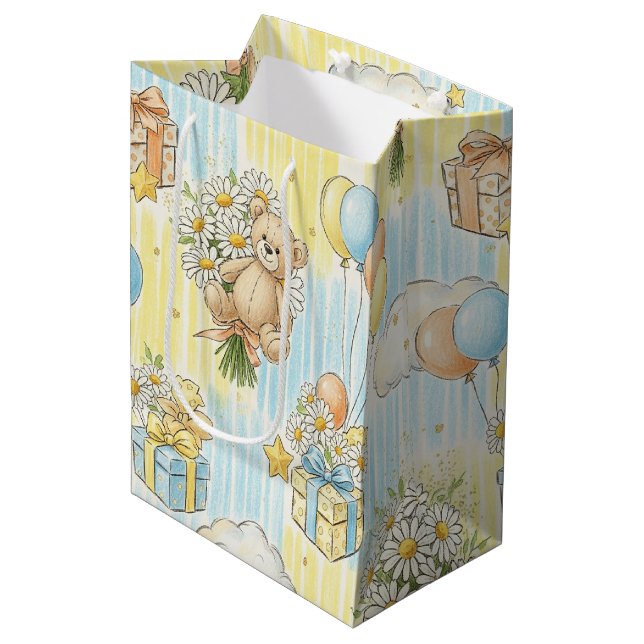 Teddybär-Daisy-Gartenmuster (3) Mittlere Geschenktüte (Vorderseite Schrägansicht)