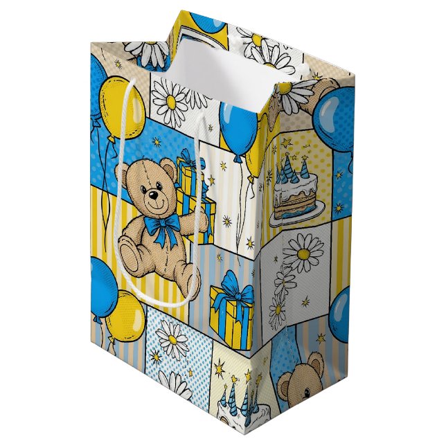 Teddybär-Daisy-Gartenmuster (4) Mittlere Geschenktüte (Vorderseite Schrägansicht)