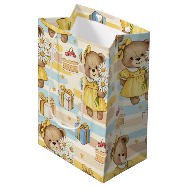 Teddybär-Daisy-Gartenmuster (5) Mittlere Geschenktüte (Vorderseite Schrägansicht)