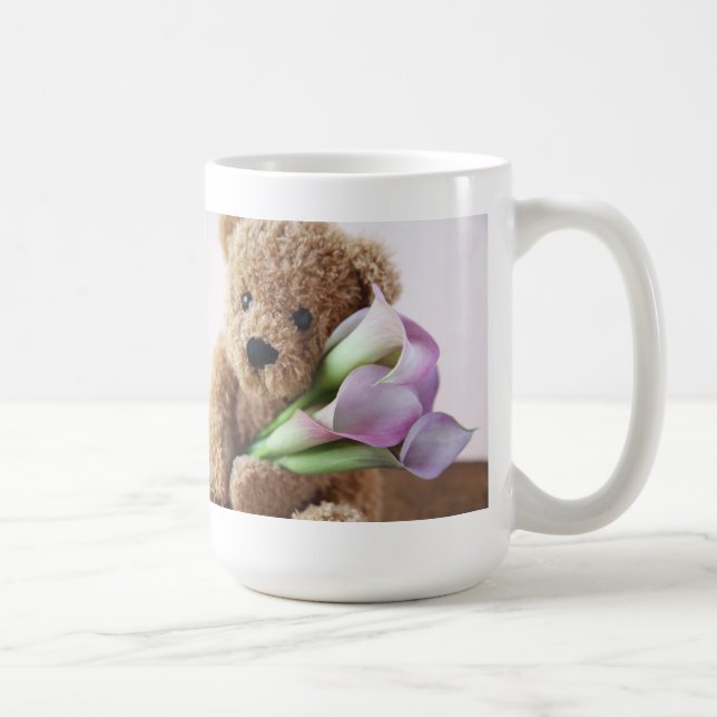 Teddybär, der Callalilien-Tasse hält Kaffeetasse (Rechts)