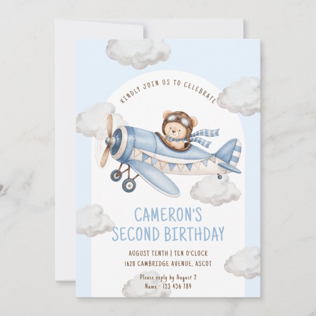 Teddybär-Flugzeug zweite Geburtstag Einladung (Vorderseite)