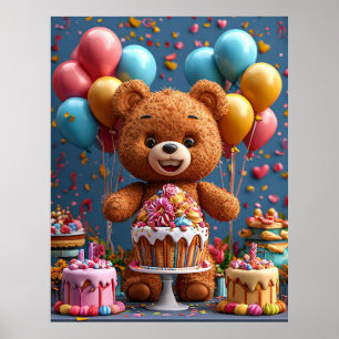 Teddybär Geburtstag mit Kuchen und Luftballons für Poster