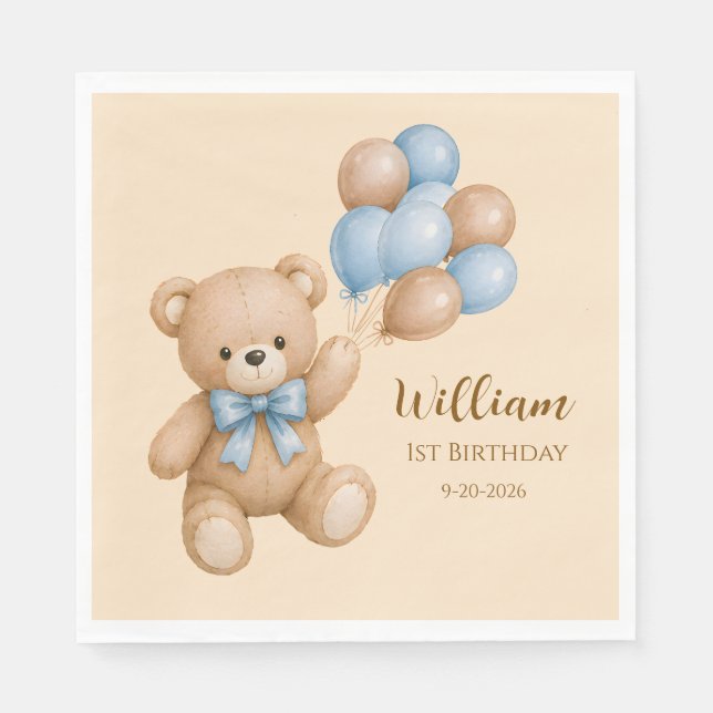 Teddybär Geburtstagsballons personalisierter Name Serviette (Vorderseite)