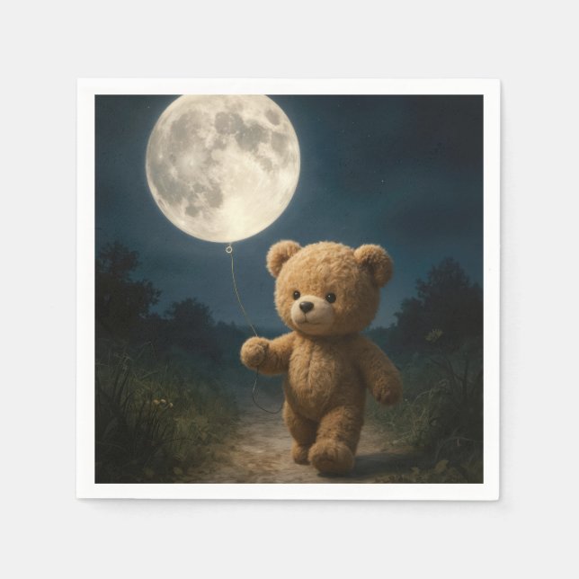 Teddybär geht mit einem Mondballon Serviette (Vorderseite)