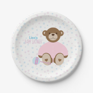 Teddybär gekleidet im rosa Babyparty-Pappteller Pappteller