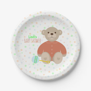 Teddybär gekleidet in der korallenroten Babyparty Pappteller