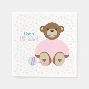 Teddybär gekleidet in der rosa Babyparty Serviette
