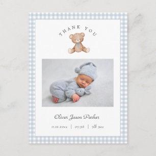 Teddybär Gingham Baby Junge Geburtsanzeige Postkarte