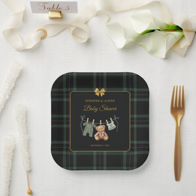 Teddybär Grün Buffalo Karo Pappteller (Hochzeit)