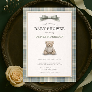 Teddybär Grün Kariert Schleife Baby Shower Einladung