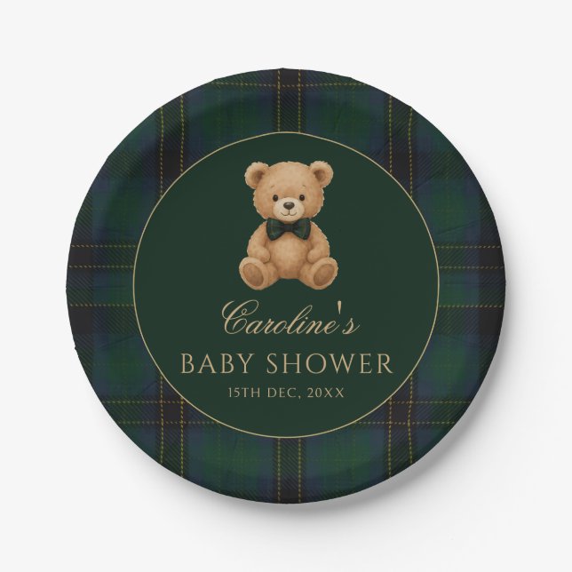 Teddybär Grün Tartan Baby Shower Papier Teller (Vorderseite)