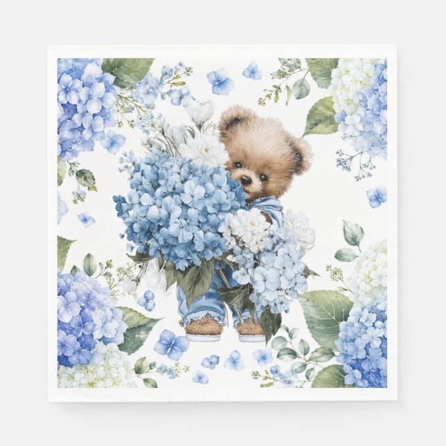 Teddybär hält Hortensienblumen Serviette (Vorderseite)