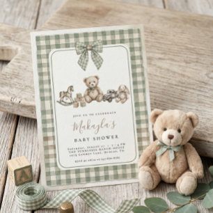 Teddybär Hellgrün Gingham-Schleife Baby Shower Einladung