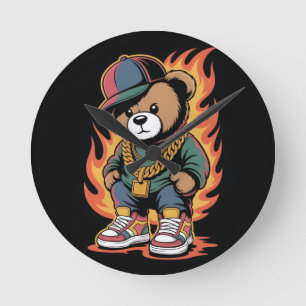 Teddybär im Hip-Hop-Stil mit Goldketten Runde Wanduhr