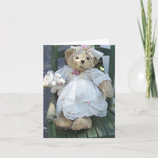Teddybär im Kleid mit Puppen-Hundestuhl Notecards Karte (Vorderseite)