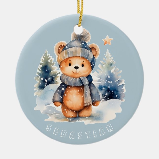 Teddybär im Wald, personalisiert Keramik Ornament (Vorne)