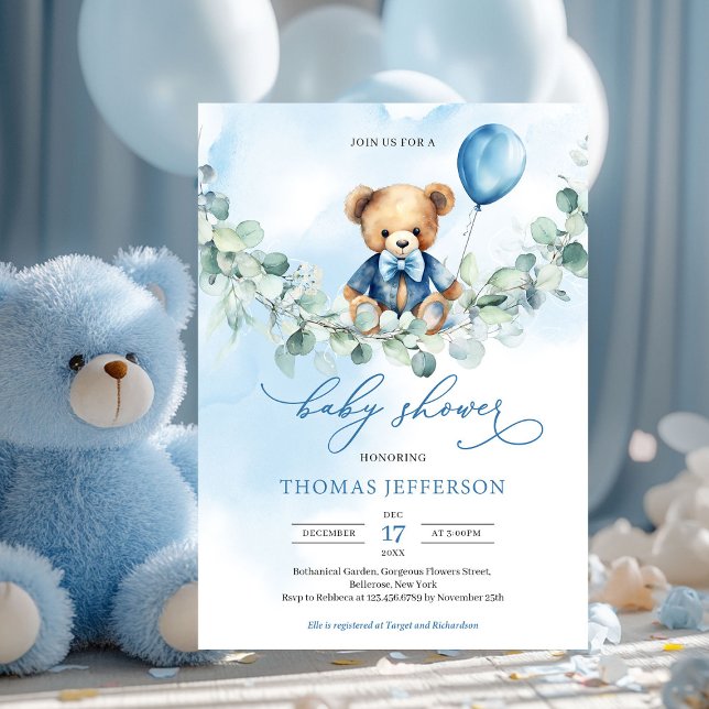 Teddybär in Aquarellblau und Braun mit Ballon Einladung (boy baby shower invitation with teddy bear with blue balloon on eucalyptus swing)