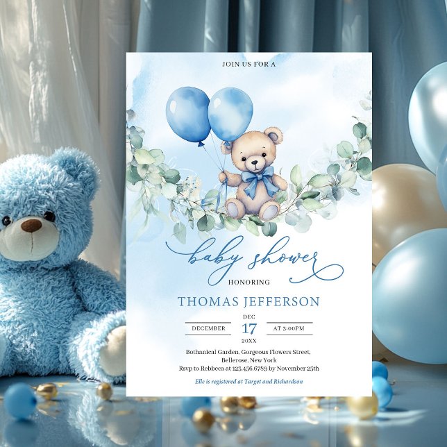 Teddybär in Aquarellblau und Braun mit Ballons Einladung (boy baby shower invitation with teddy bear)