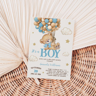 Teddybär Junge Blaue Ballons Babyparty Einladung