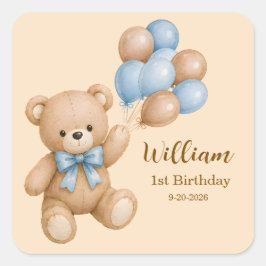 Teddybär-Junge Geburtstag personalisierter Name Da Quadratischer Aufkleber