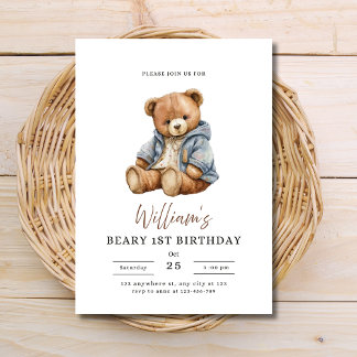 Teddybär-Jungen-Geburtstagsfeier Beary 1. Geburtst Einladung