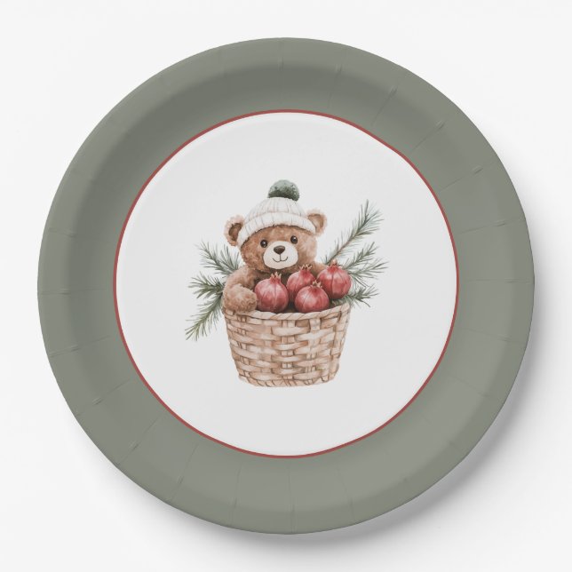 Teddybär Korb Granatäpfel Weihnachten Pappteller (Vorderseite)
