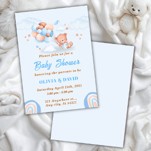 Teddybär, Luftballons Blau und Braun Baby-Party Einladung