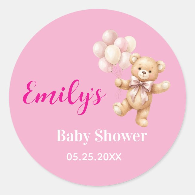 Teddybär-Mädchen Baby Shower Runder Aufkleber (Vorderseite)