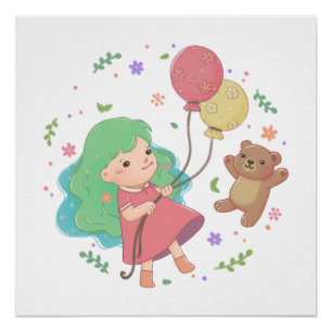 Teddybär & Mädchen Illustration Poster