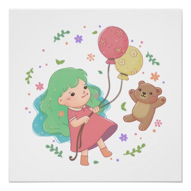 Teddybär & Mädchen Illustration Poster (Vorderseite)