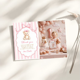 Teddybär Mädchen Rosa Bogen Streifen 1. Geburtstag Dankeskarte