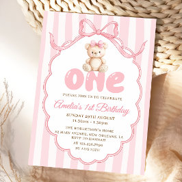 Teddybär Mädchen Rosa Schleife Streifen 1. Geburts Einladung