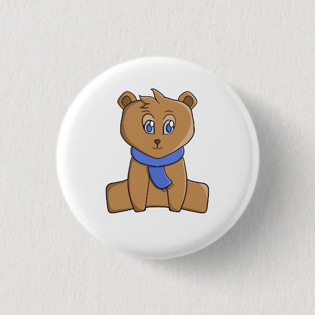 Teddybär mit blauem Schal Button (Vorderseite)