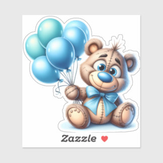 Teddybär mit blauen Ballons Baby Shower Aufkleber