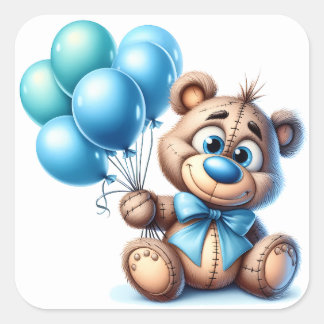 Teddybär mit blauen Ballons Baby Shower Quadratischer Aufkleber