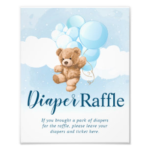Teddybär mit blauen Ballons Windel-Raffle-Schild Fotodruck