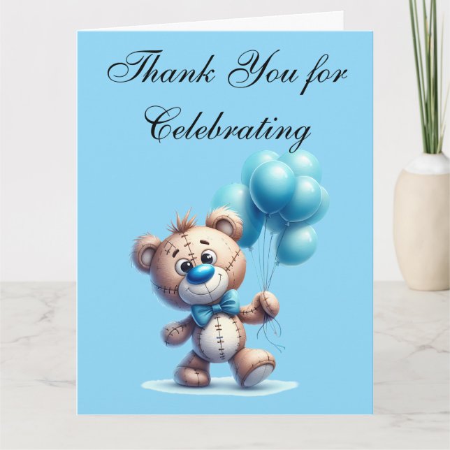 Teddybär mit blauen Luftballons Dankeskarte (Vorderseite)