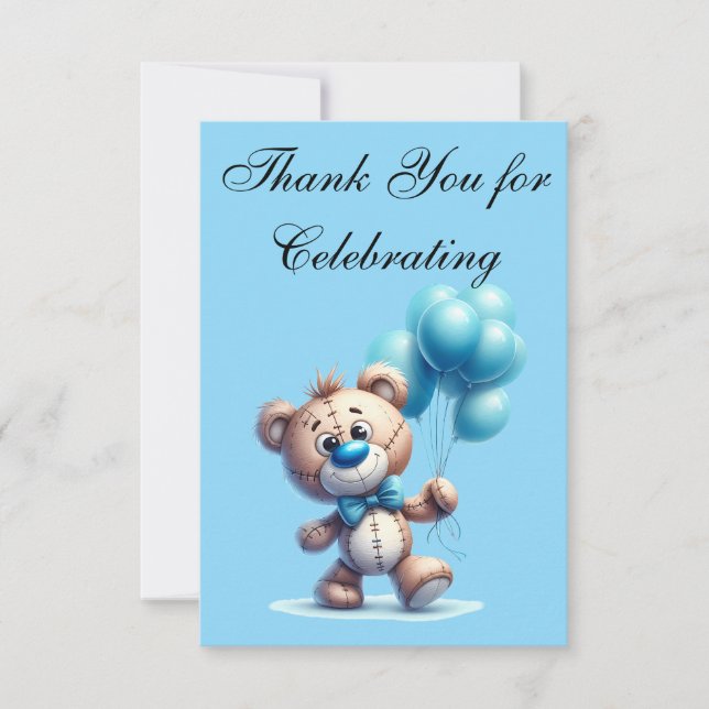 Teddybär mit blauen Luftballons Dankeskarte (Vorderseite)