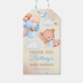 Teddybär mit braunen und blauen Ballons und Wolken Geschenkanhänger