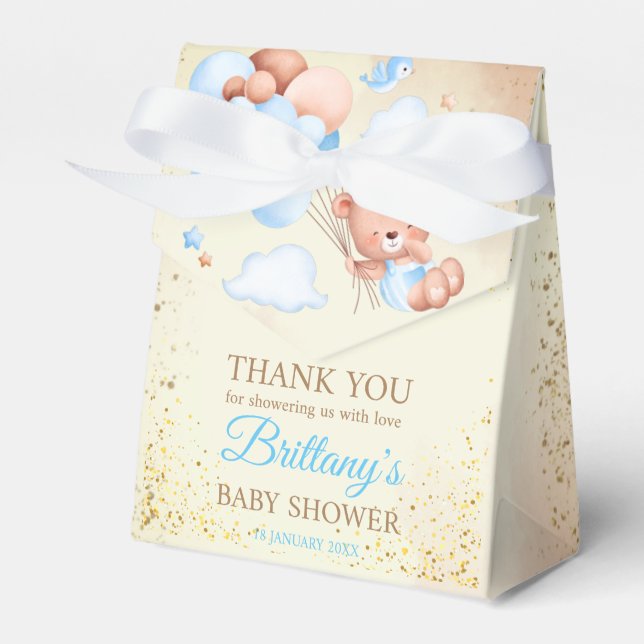 Teddybär mit braunen und blauen Ballons und Wolken Geschenkschachtel (Vorderseite)