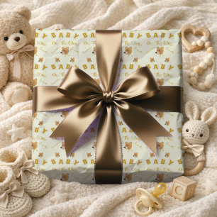 Teddybär mit Gold-Creme-Text zur Babyparty Geschenkpapier